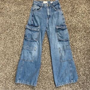 Cotton On Cargo Jeans Women’s 4 Blue Wide Leg Baggy Pockets Faded Y2K Denim